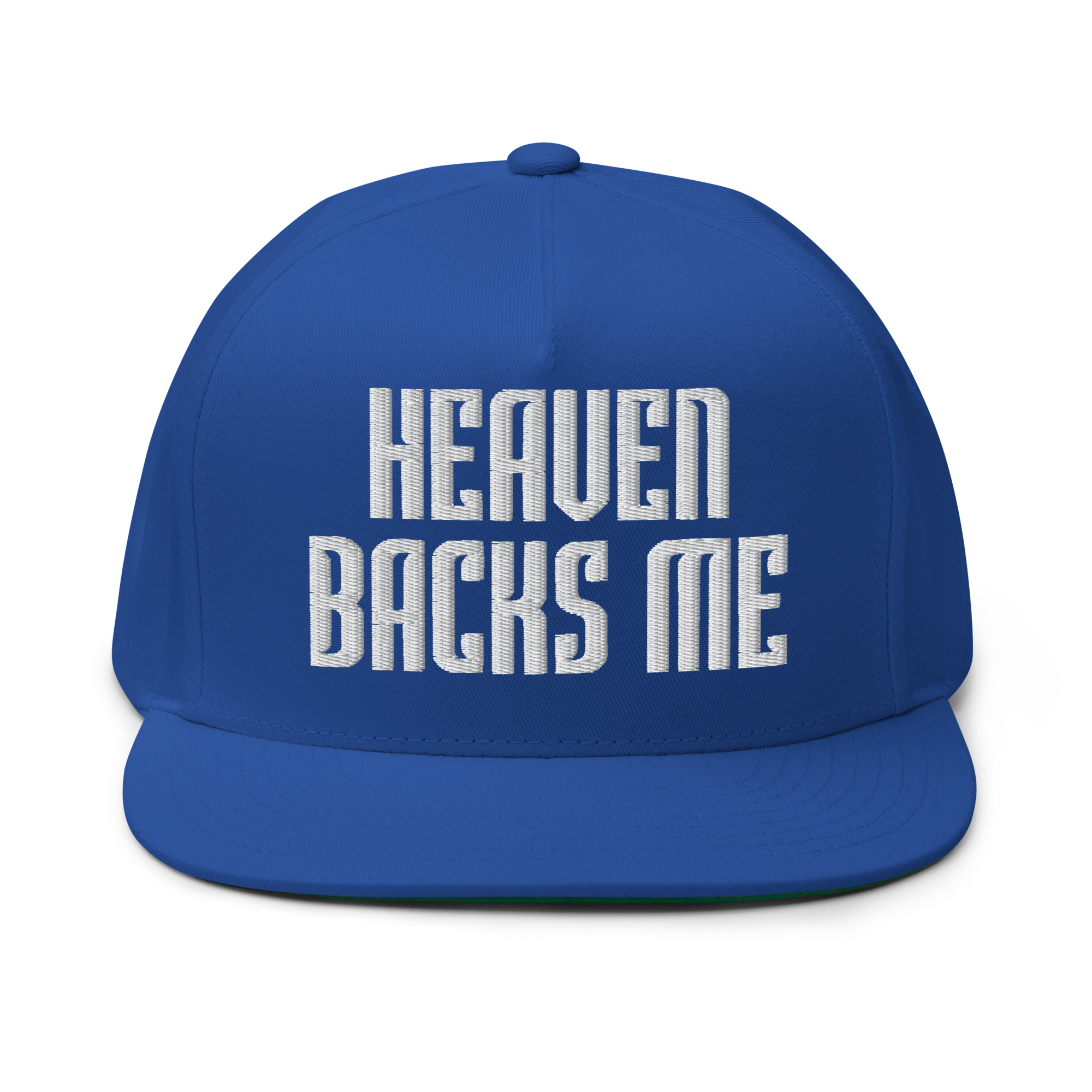 Close-up of a blue baseball cap with white embroidered text that reads 'HEROES'.