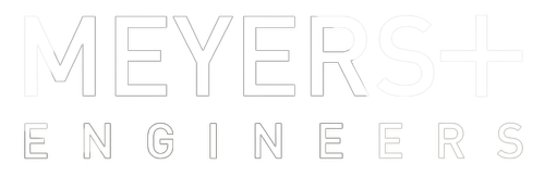 Meyers+ Engineers logo in black and white.