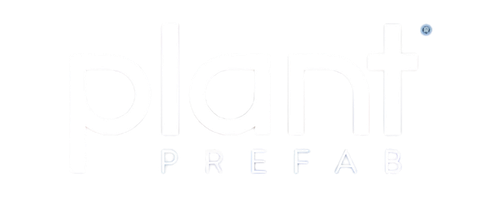 Logo with the text 'plant PREFAB' in white letters, with a small circle above the 't' in 'plant.'