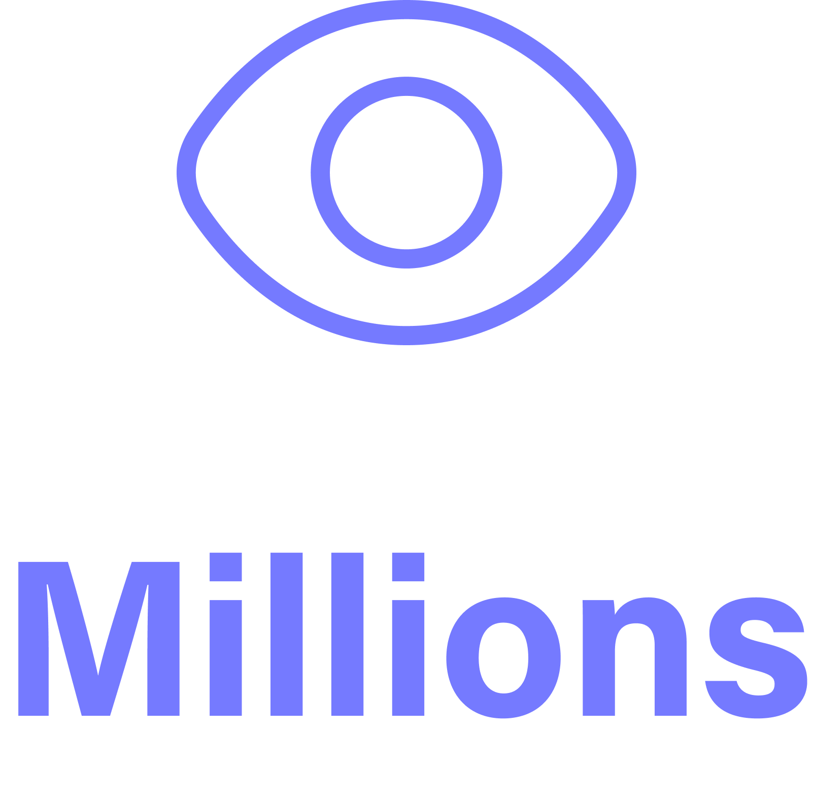 A neon sign featuring an eye icon and the word 'Millions' in blue color.