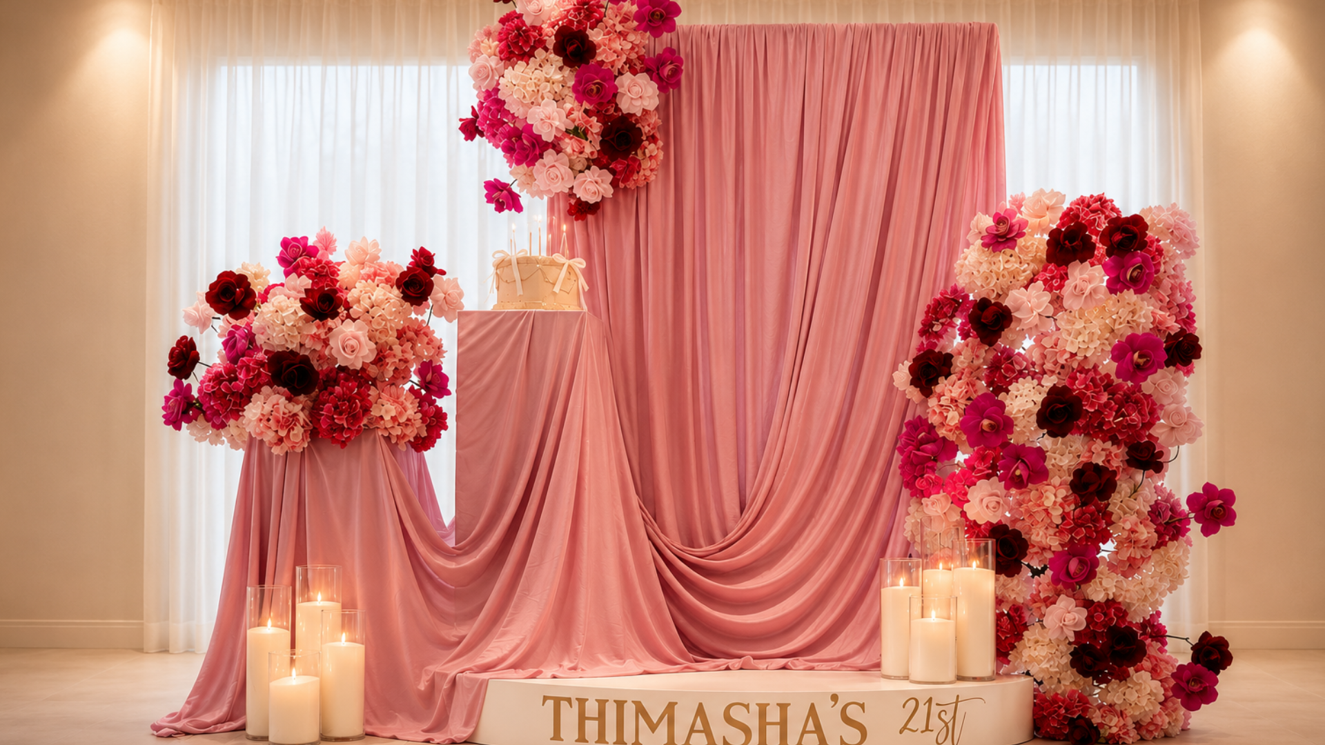 Pink draped backdrop with floral arrangements and candles, for a 21st birthday celebration.