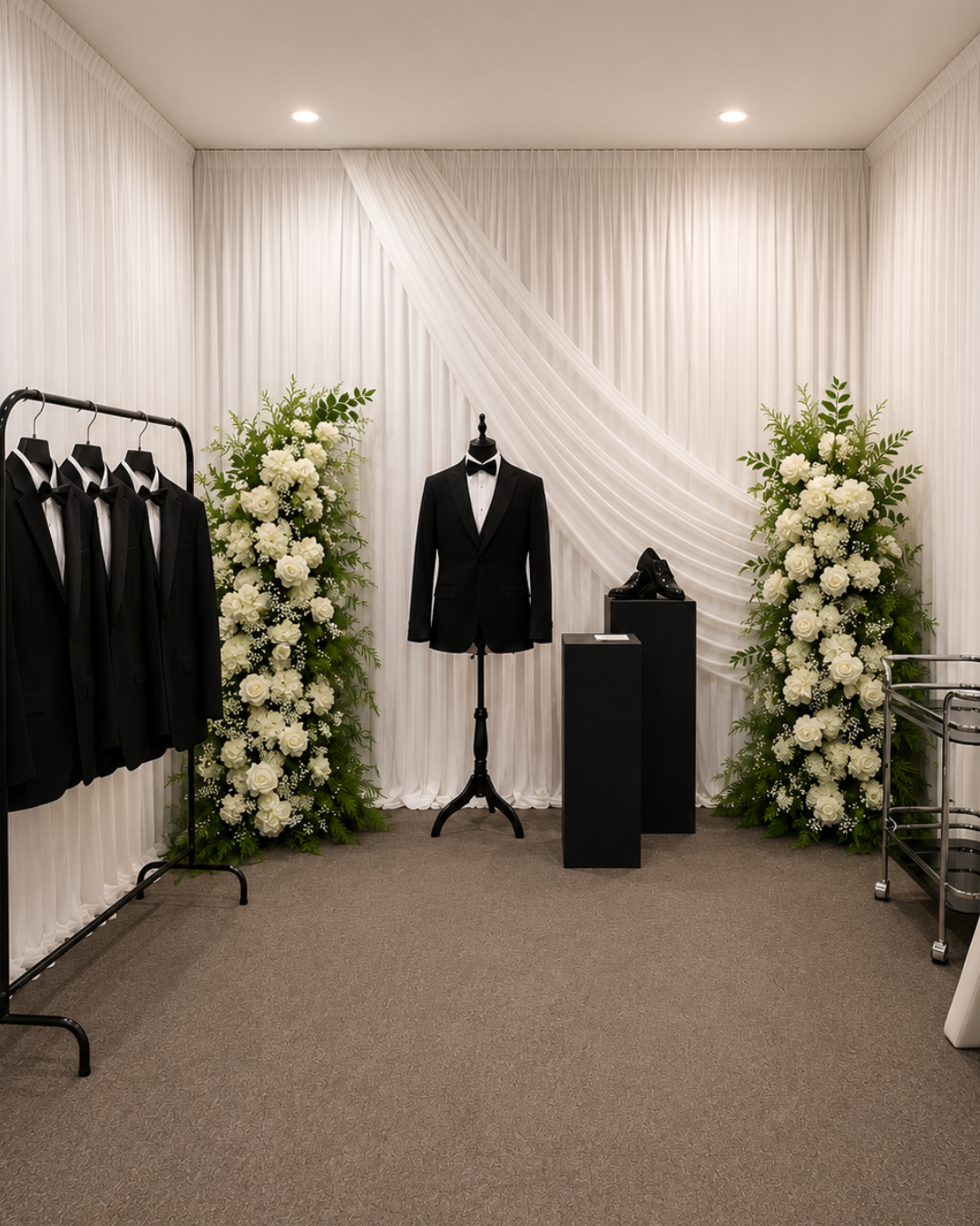 Wedding tuxedo display with a black tuxedo on a mannequin, a rack of similar tuxedos, and large white floral arrangements on either side against a white fabric backdrop.