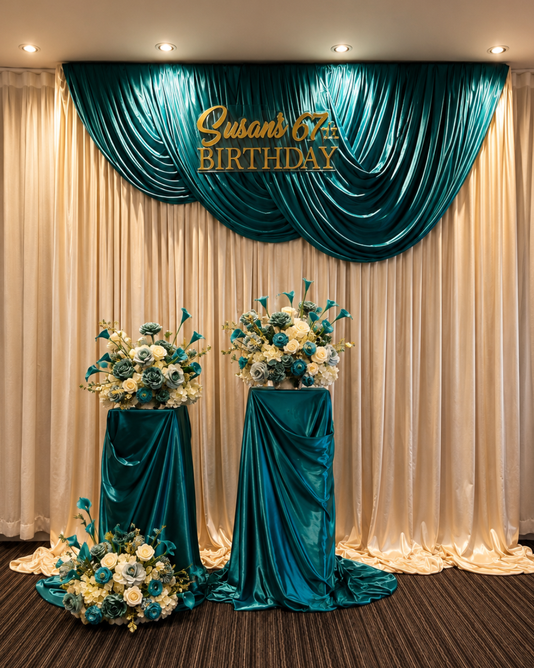 Decorative birthday celebration setup with teal satin drapes, cream curtains, floral arrangements with roses and calla lilies, and a sign that reads "Susan's 67th Birthday."