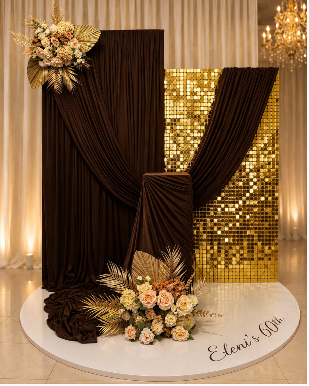 Elegant 60th birthday backdrop with brown draping, gold mosaic panel and floral arrangements with roses and tropical leaves.