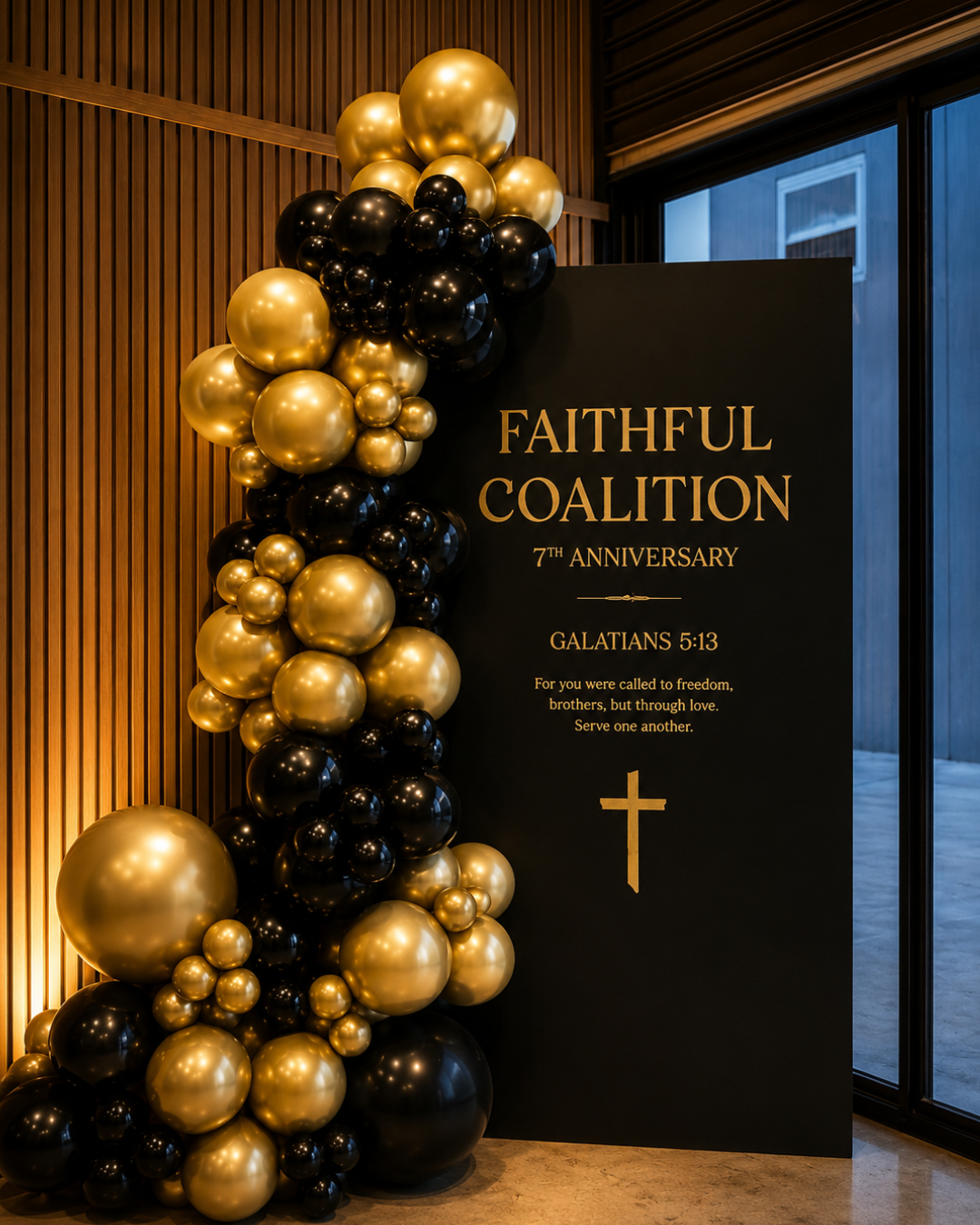 Black and gold balloon decoration next to a black event sign for Faithful Coalition's 7th anniversary, featuring a biblical verse and a cross symbol.