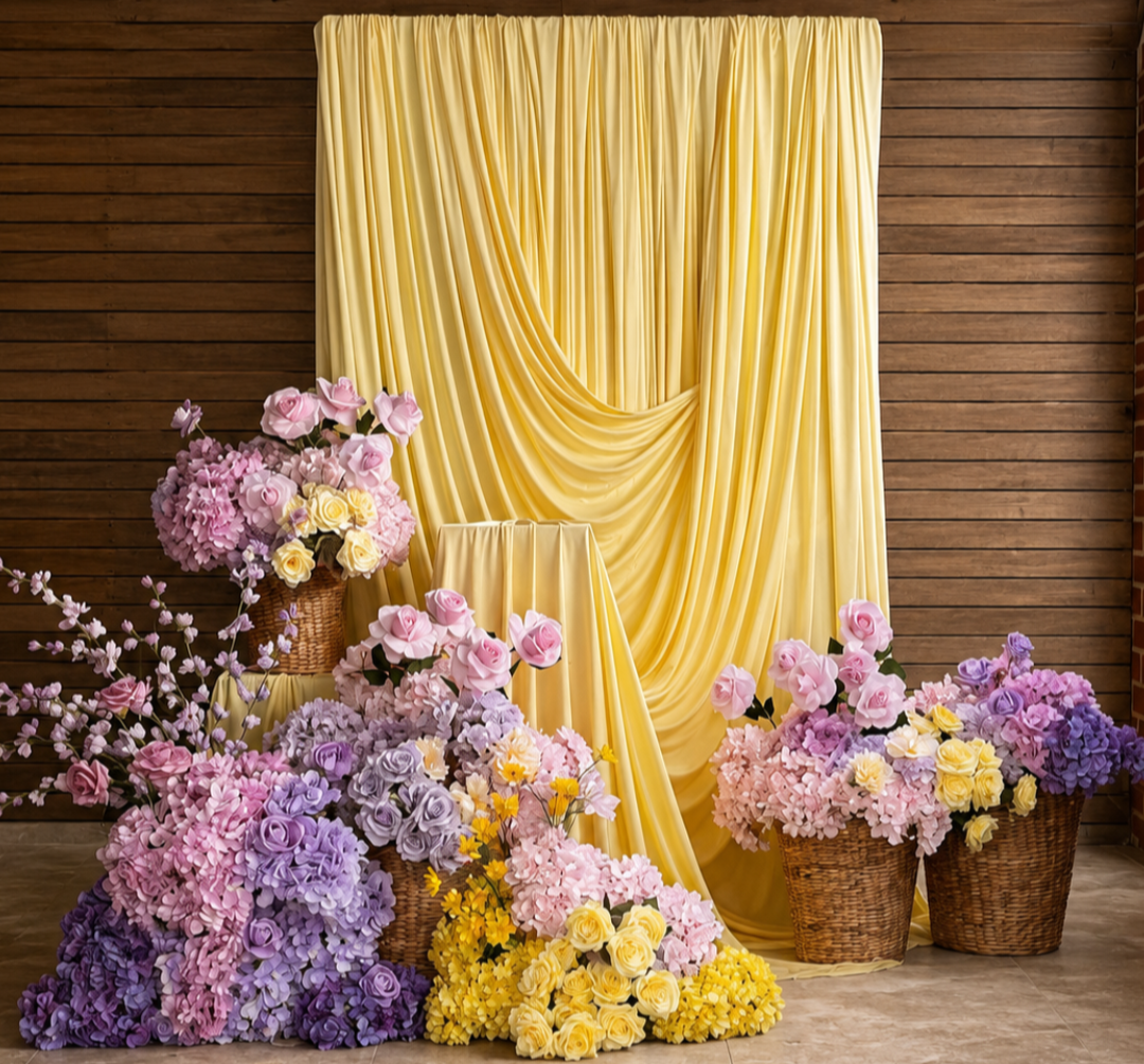 Elegant event backdrop with yellow draping and pink, purple and yellow floral arrangements.