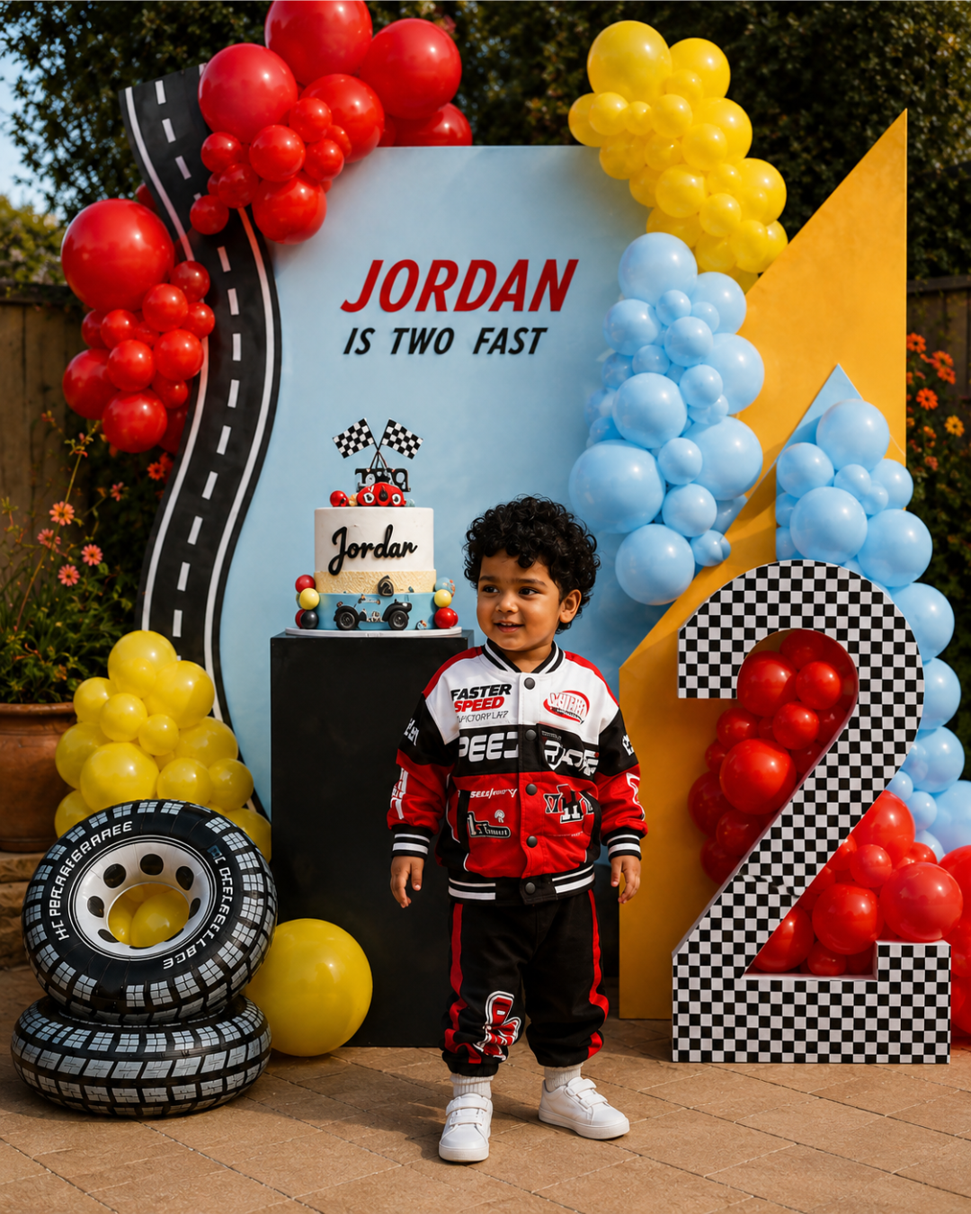 Racing-themed birthday party setup with colourful balloons, cake and personalised “Jordan is two fast” backdrop.