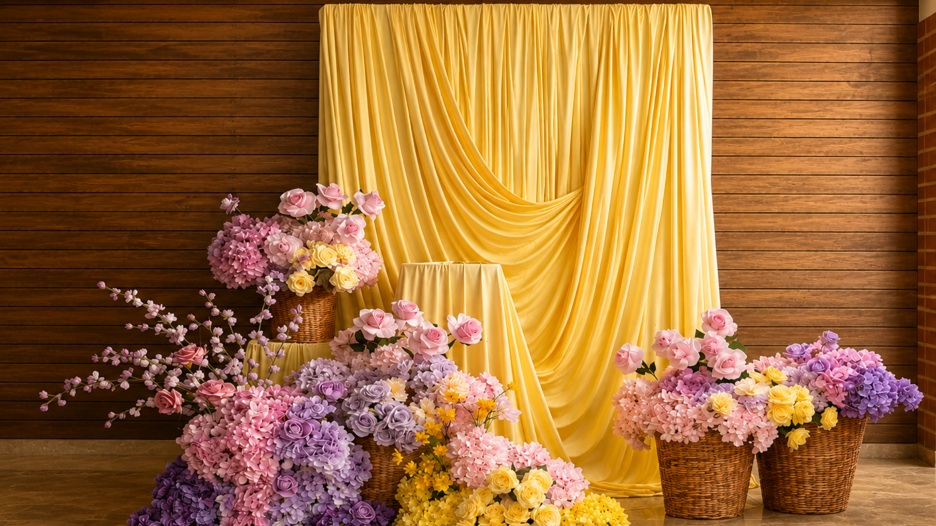 Floral display featuring pink, purple and yellow flowers arranged in baskets against a yellow draped backdrop.
