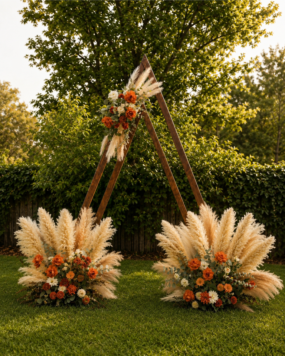 Outdoor floral arrangement featuring pampas grass and flowers on a wooden triangular stand.