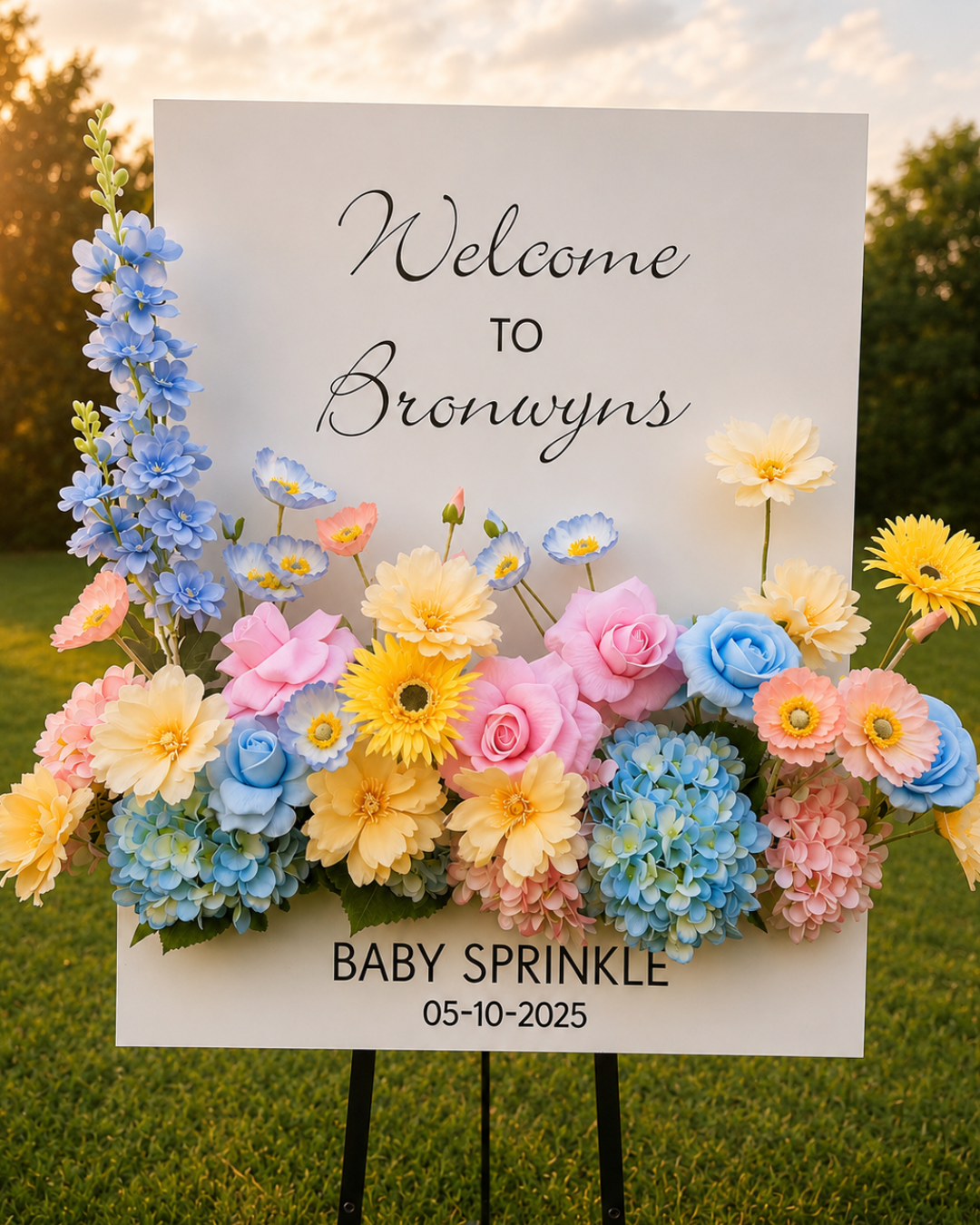 Baby sprinkle welcome sign decorated with pastel flowers, reading “Welcome to Brownyns, Baby Sprinkle.”