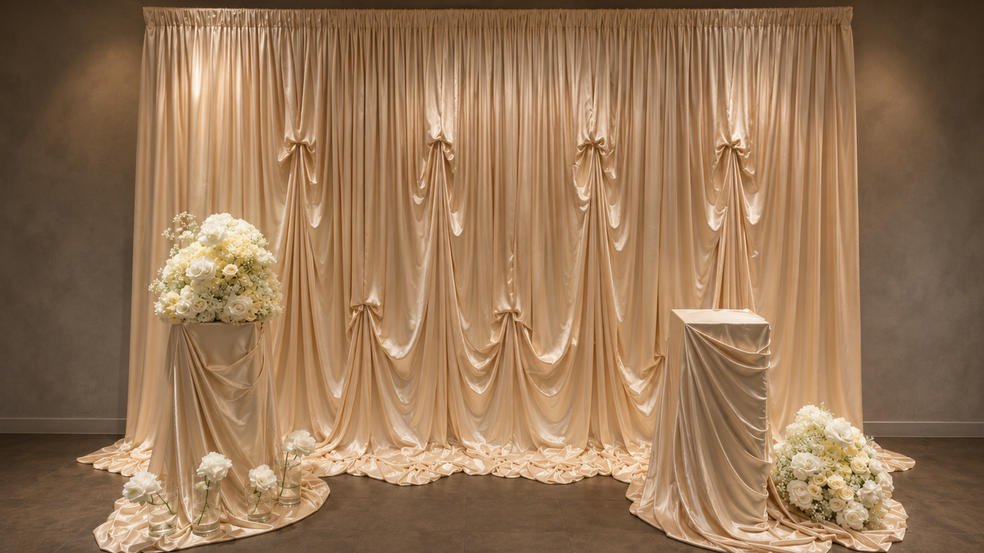 Elegant backdrop with beige satin drapes and bouquets of white roses for wedding or special event decoration.