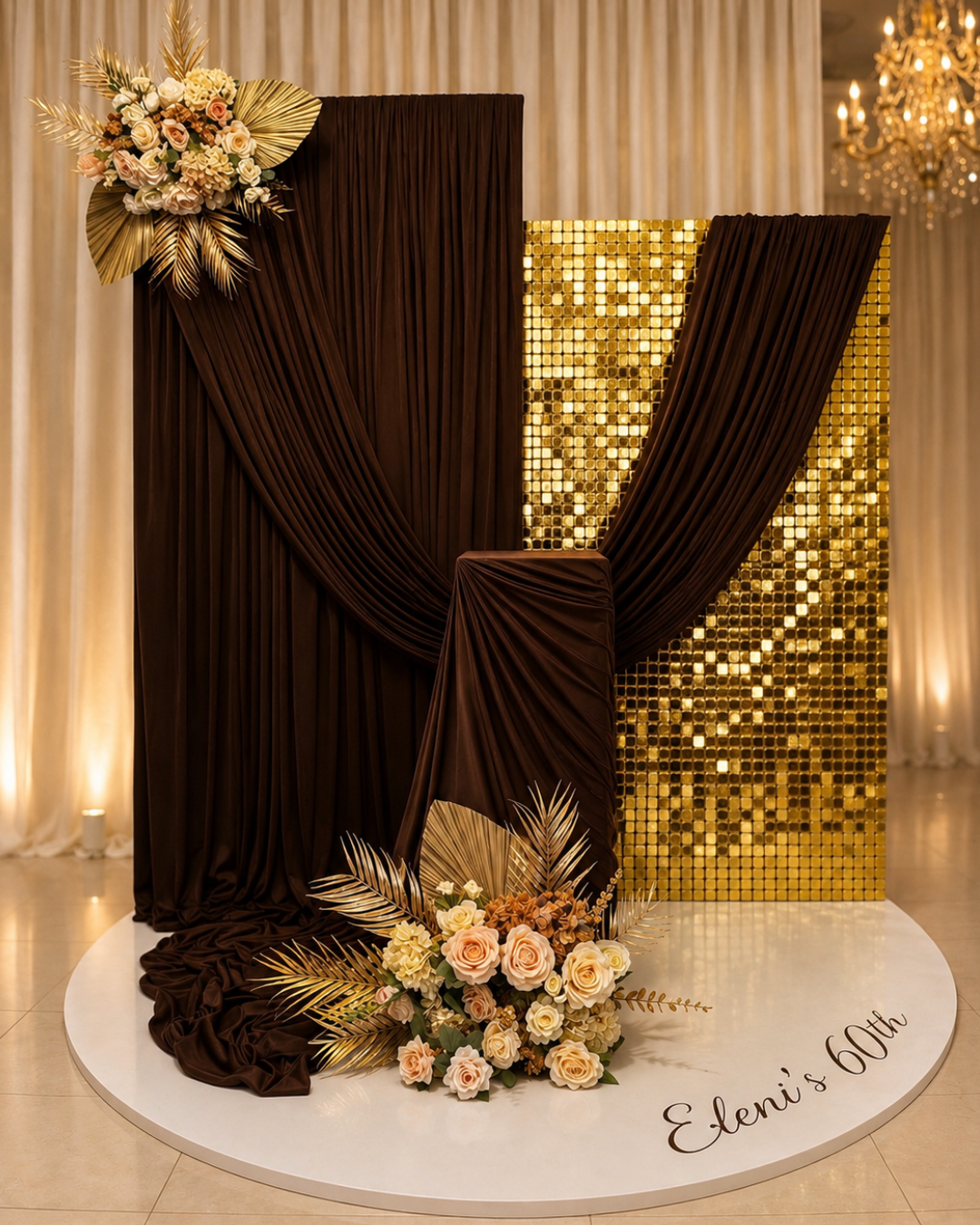 Elegant 60th birthday event backdrop with dark brown draping, gold sequin panel and floral arrangements.