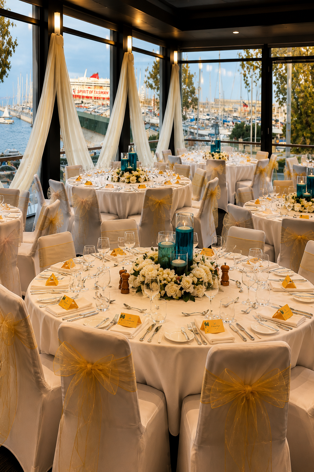 Elegant banquet room with round tables, white tablecloths, floral centrepieces and teal candle holders overlooking the marina.