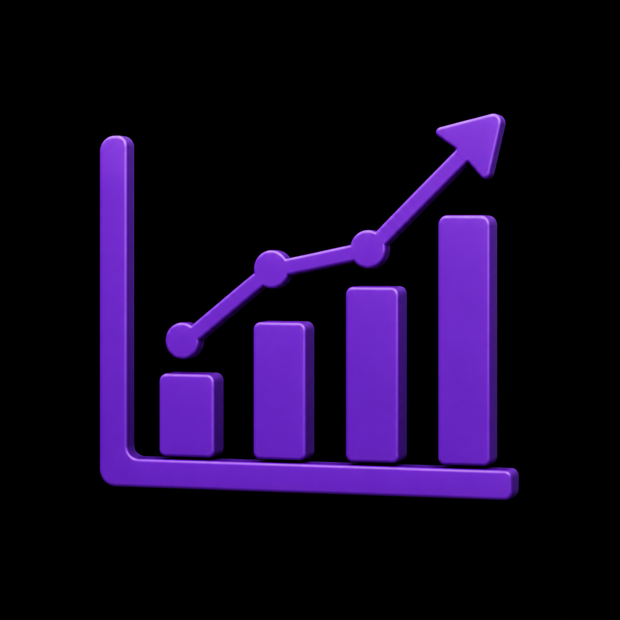 A 3D purple and black illustration of a rising bar graph with an upward arrow.