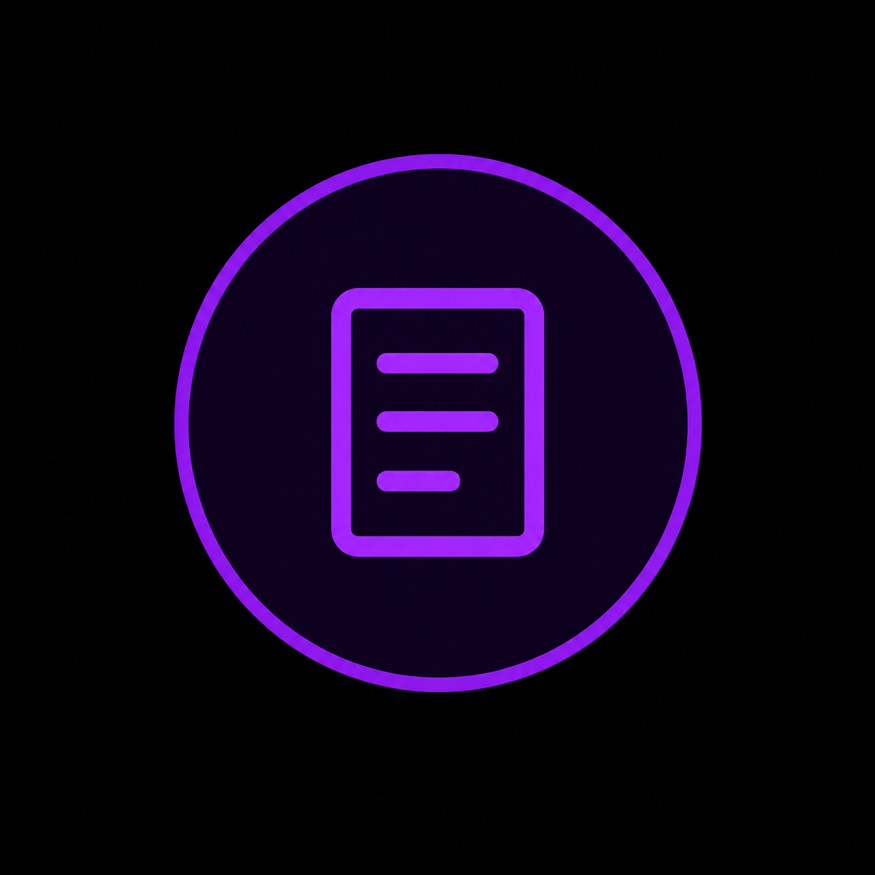 Neon purple and pink icon of a document enclosed in a circle on a black background.