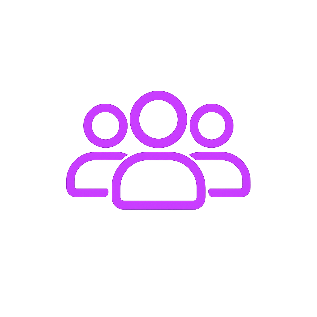 Icon of three purple human silhouettes on a black background, representing people or community.