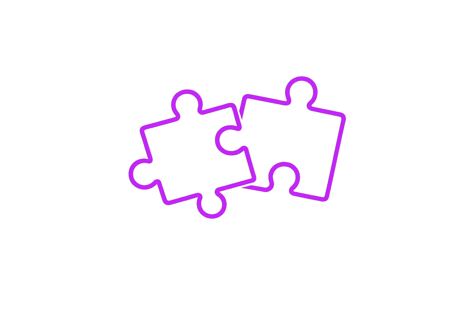 Neon purple outline of three interconnected puzzle pieces against a black background.