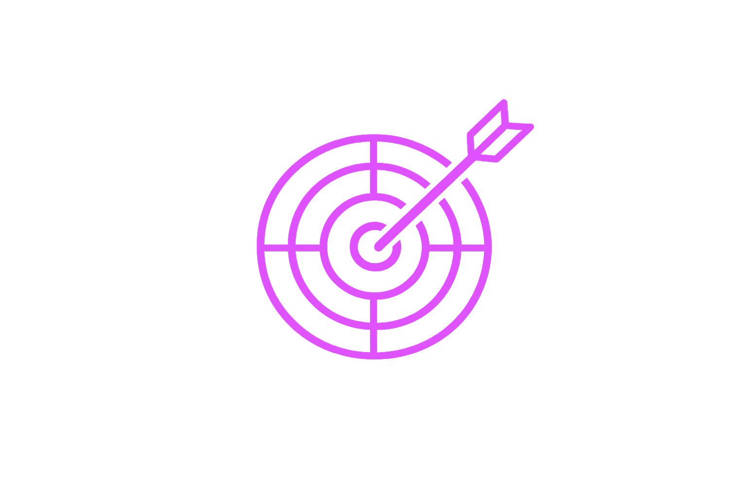 Neon purple target with an arrow hitting the bullseye on a black background.