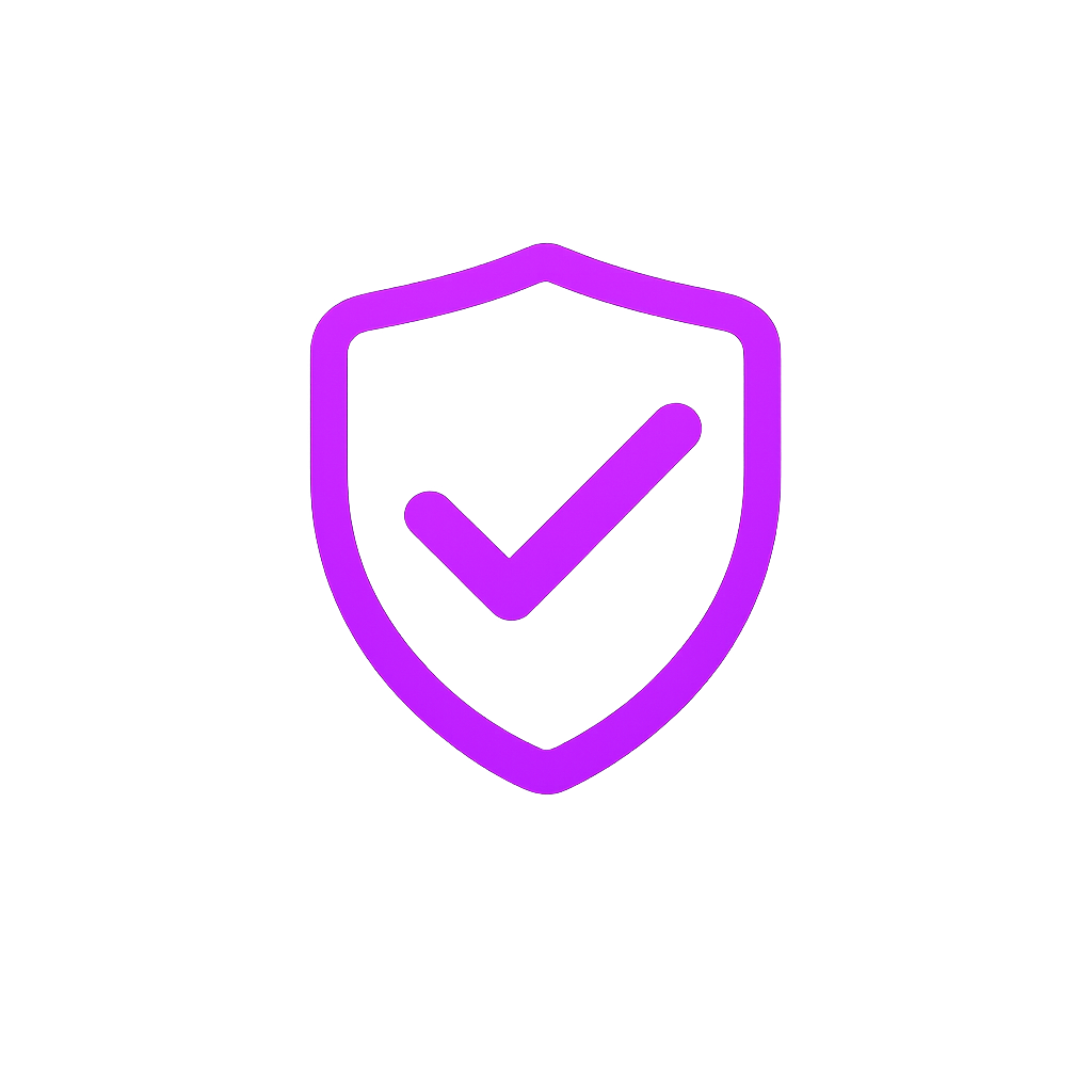 A digital illustration of a purple shield with a checkmark, glowing against a gradient background.