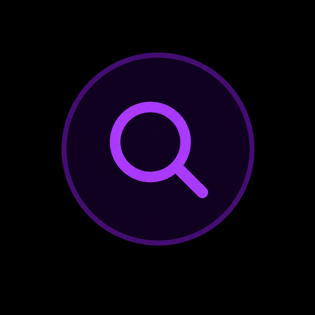 A purple illuminated magnifying glass icon on a black background.