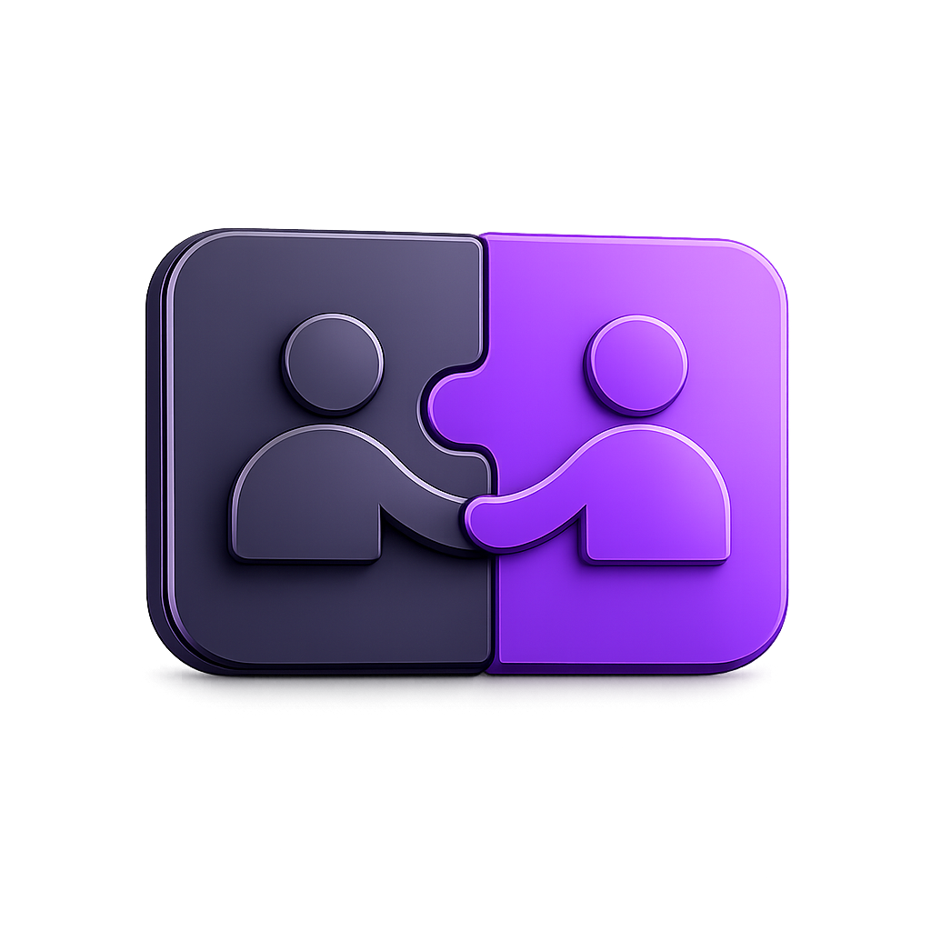 A 3D icon of two figure silhouettes shaking hands, divided into two-colored halves: black on the left and purple on the right, symbolizing collaboration or partnership.