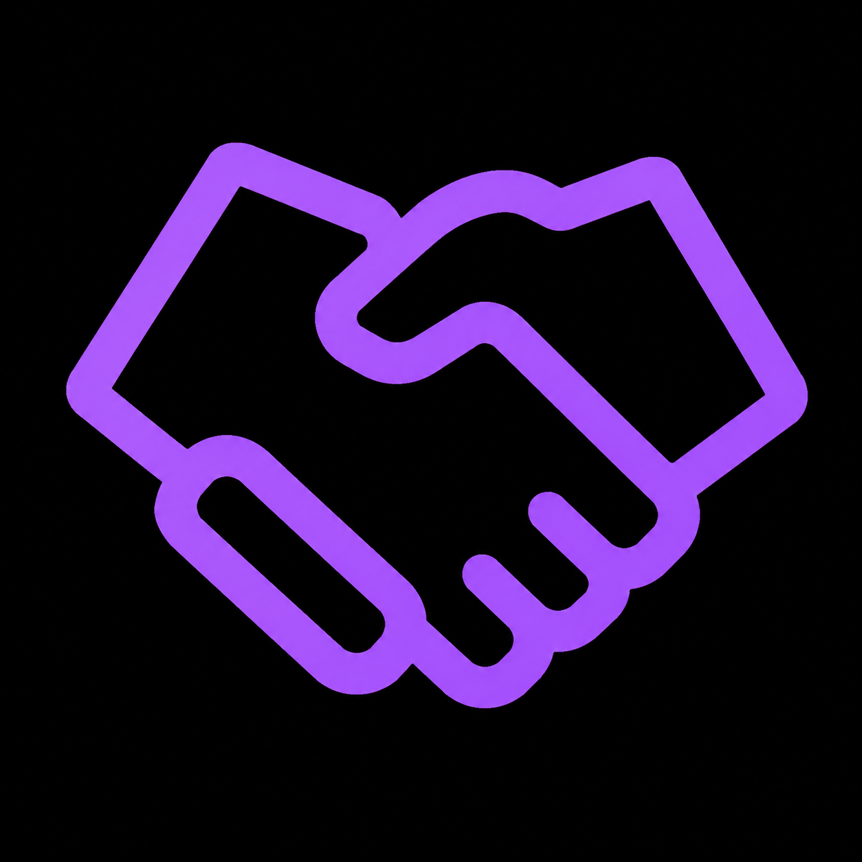 Neon purple outline of two hands shaking on a black background.