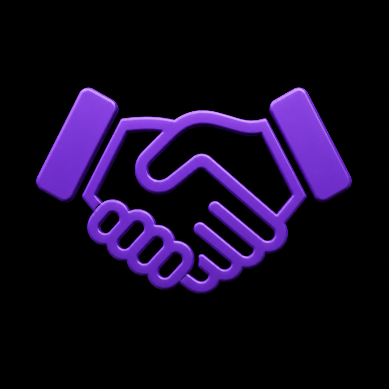 Neon purple handshake icon on black background.