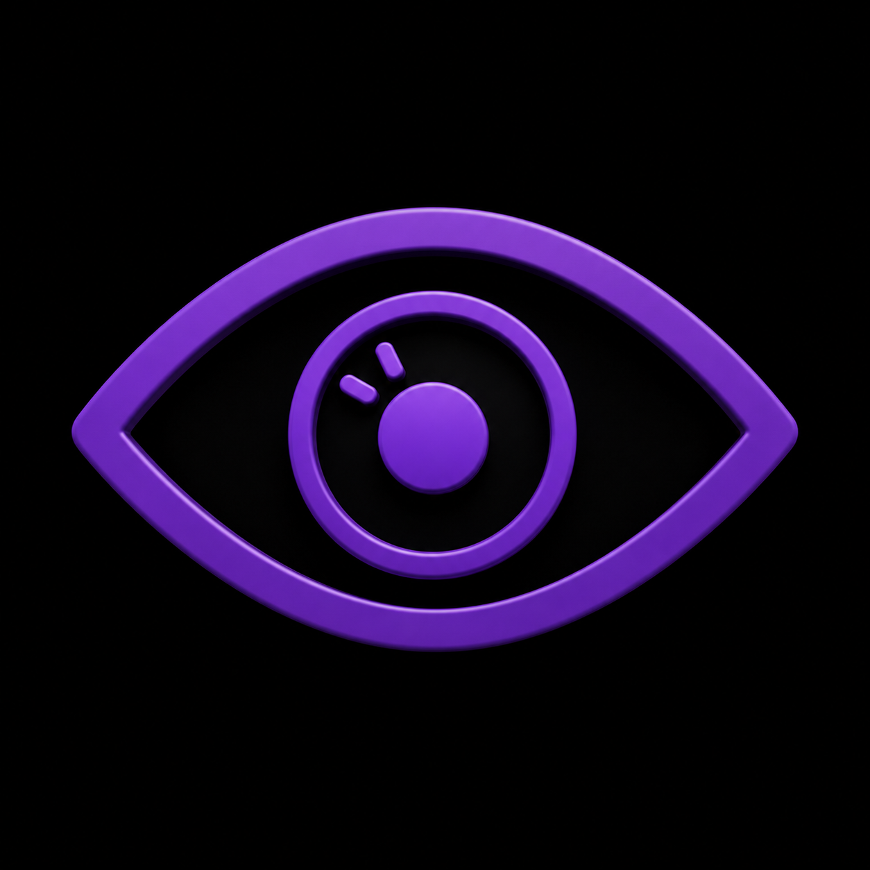 Purple neon eye icon with a camera shutter symbol inside, set against a black background.