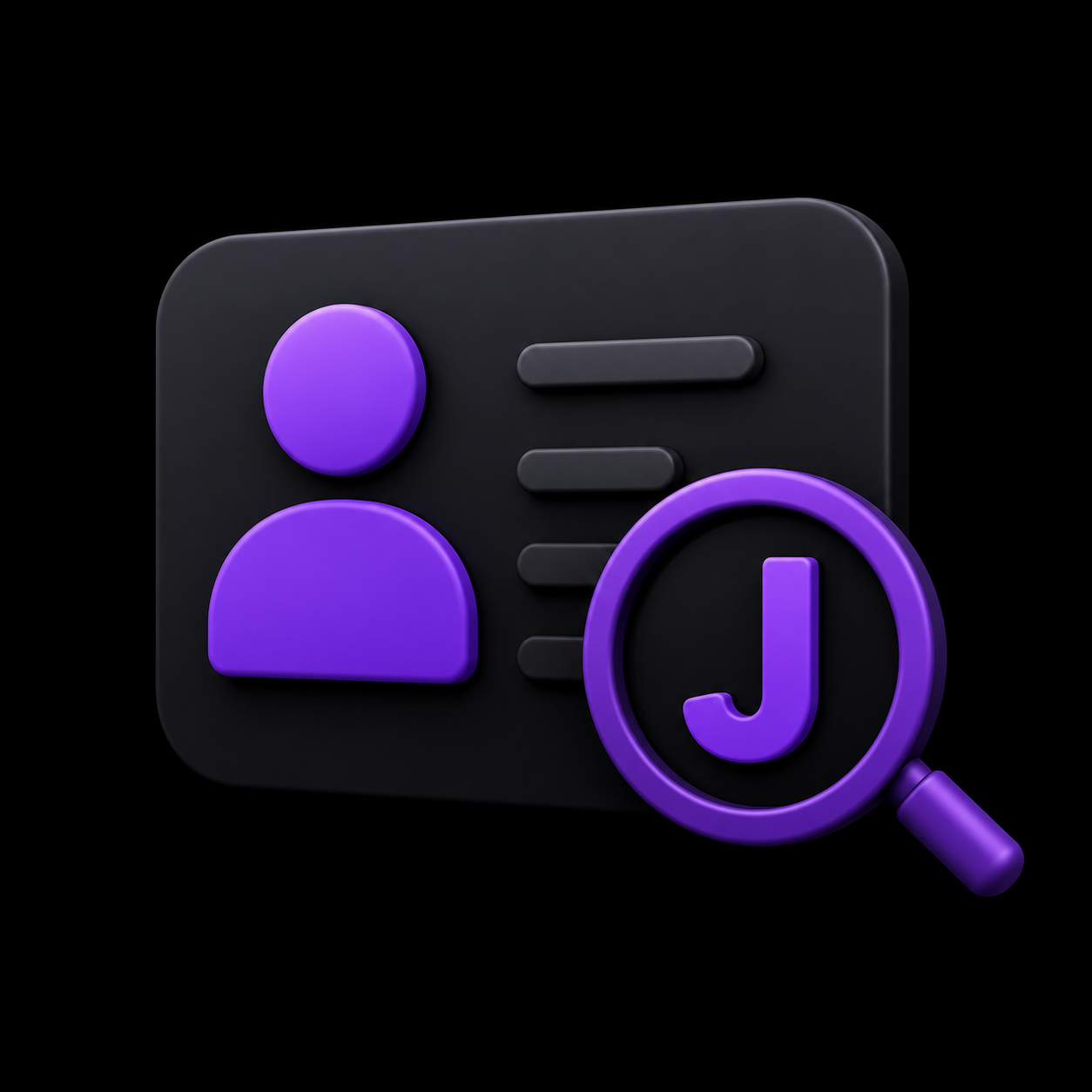 Digital illustration of an ID card with a person icon and a magnifying glass with a letter J, in purple on a black background.