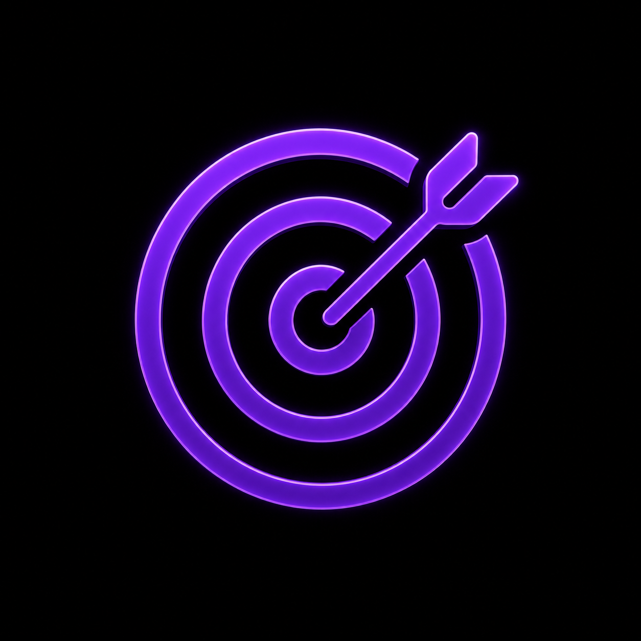 Neon purple target with an arrow hitting the bullseye against a black background.