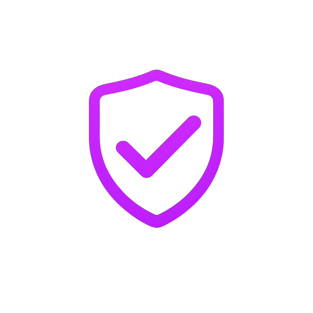 Purple 3D shield icon with a check mark inside, symbolizing security or protection.