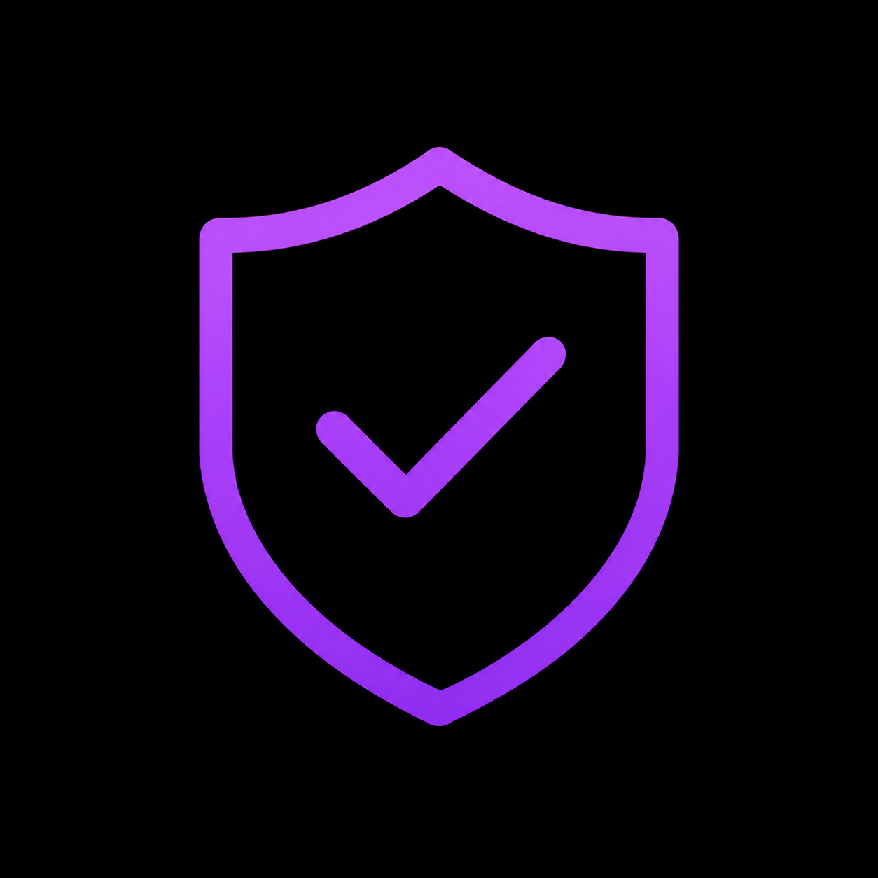 Purple shield with checkmark symbol on a black background.