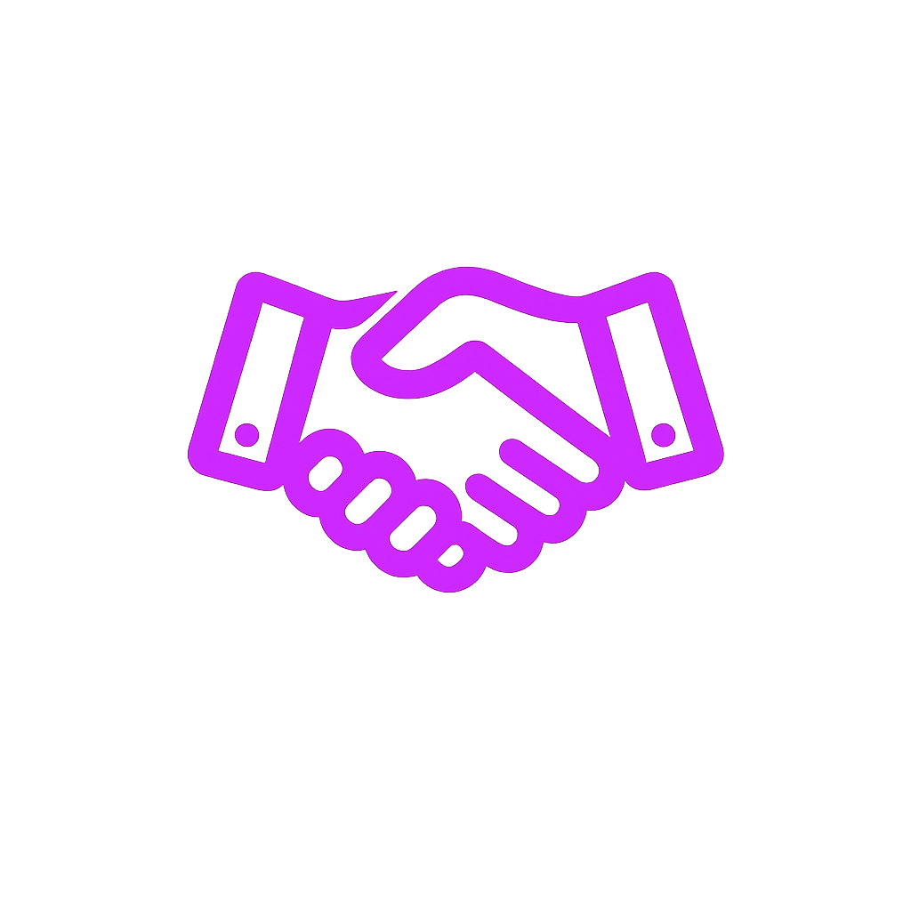 Neon purple icon of two hands shaking, symbolizing agreement or partnership, centered on a black background.