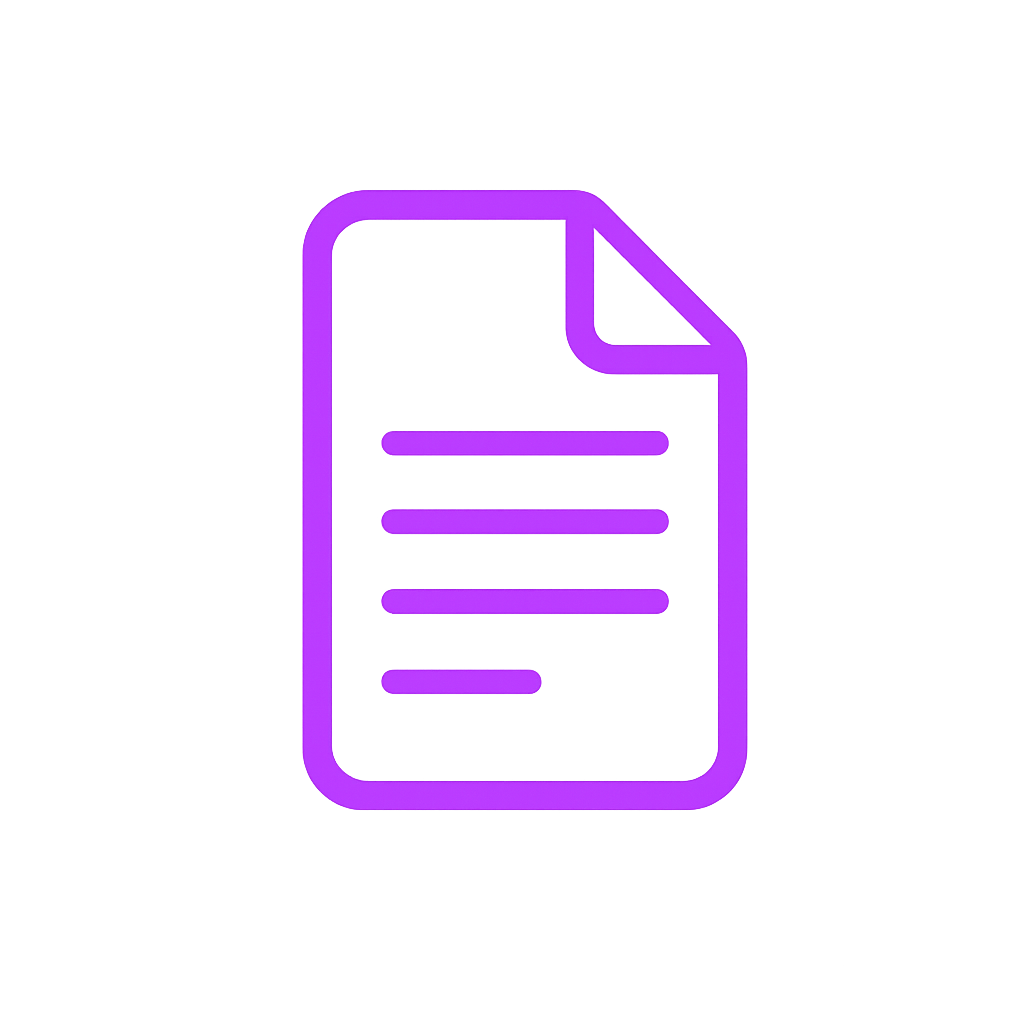 Purple neon outline of a document icon on a black background.
