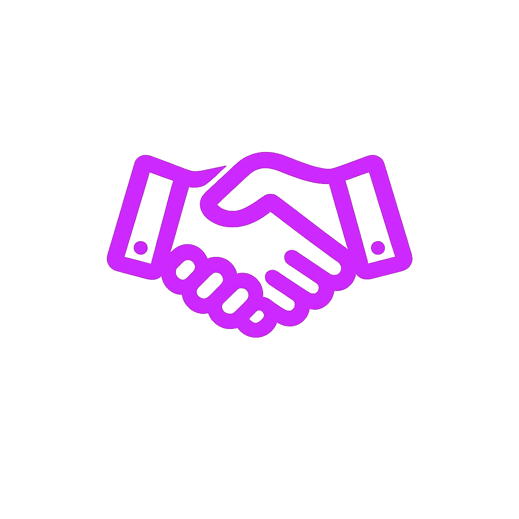 Neon purple outline of a handshake symbol.