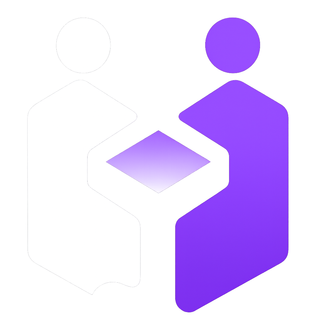 Outline drawing of two stylized human figures, one in white and one in purple, with a central square and a background gradient of black, white, and purple.