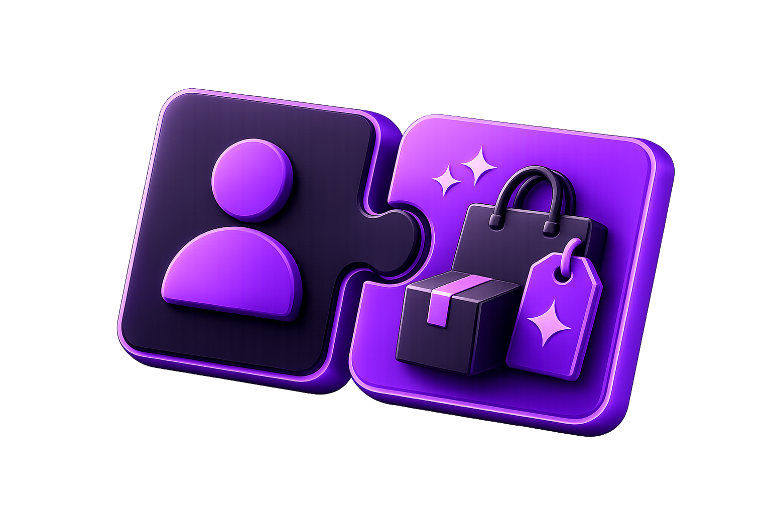 Digital illustration of a social media icon with a person, a shopping bag, a gift box, and a price tag, all in purple tones.