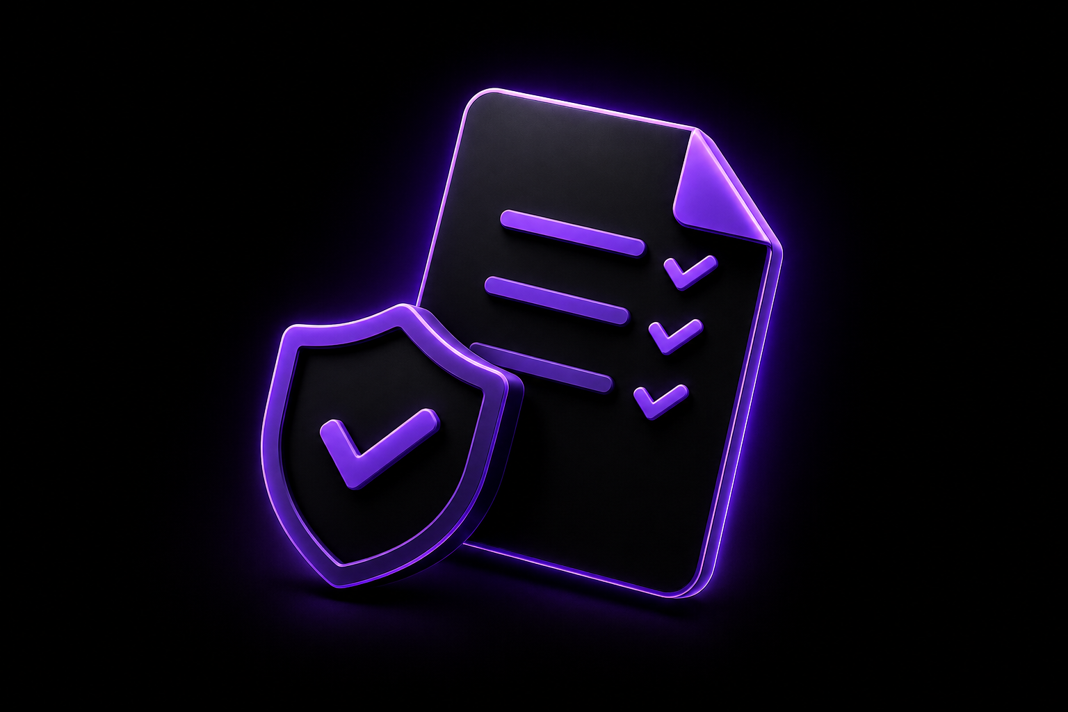 Neon sign of a shield with a check mark and a document with check marks, glowing in purple on black background.