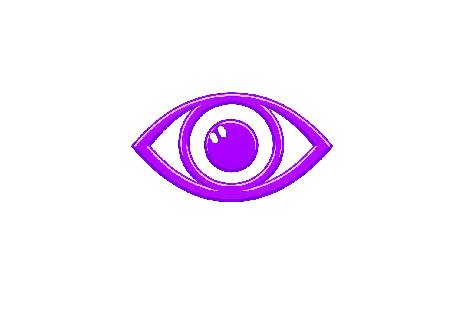 A neon purple eye symbol with a circular detail in the center, glowing against a dark background.