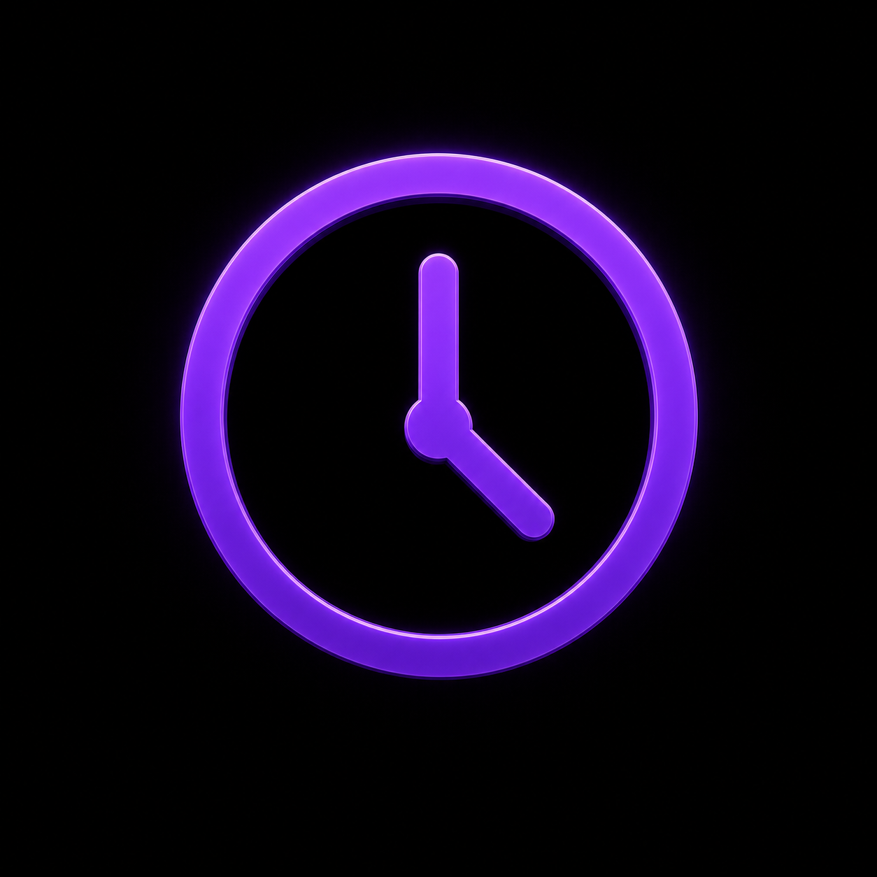 Neon purple clock showing 3:00 on a black background.