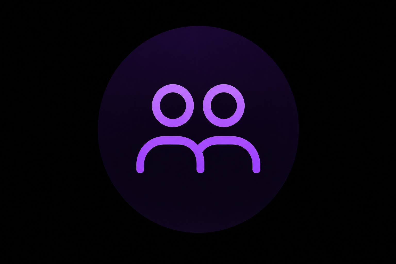 Neon sign of two stylized human figures in purple on black background.