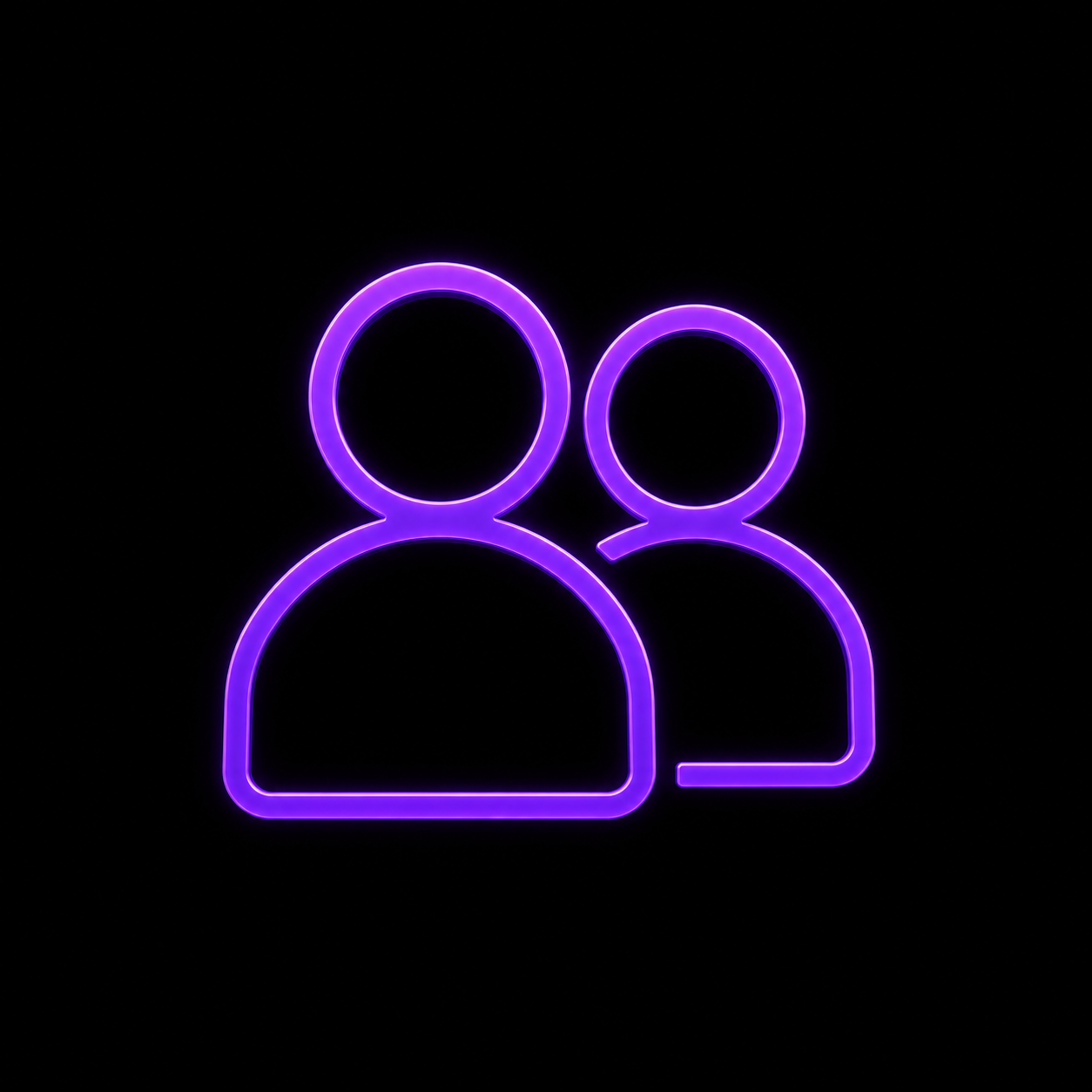 Neon purple outline of two people on a black background, with one person slightly behind the other.