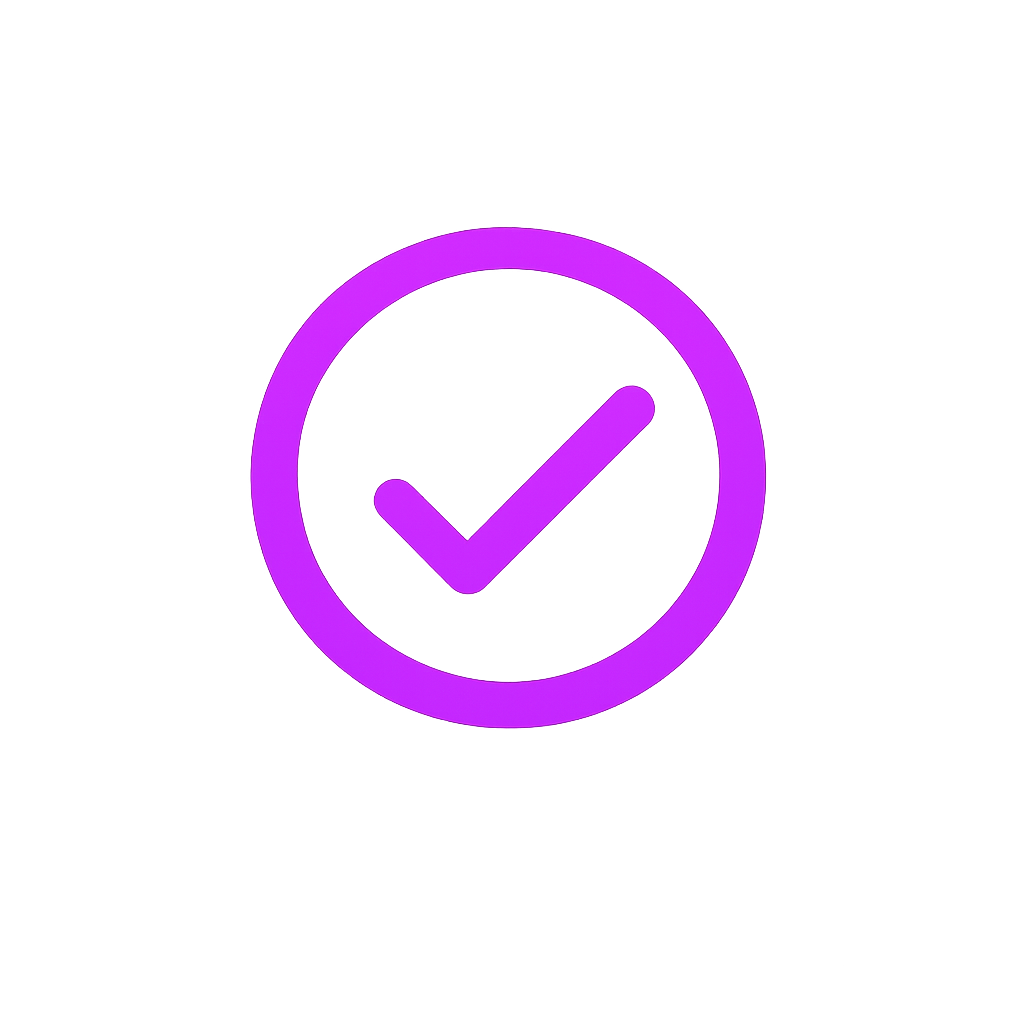 A purple checkmark inside a purple circle on a black background.
