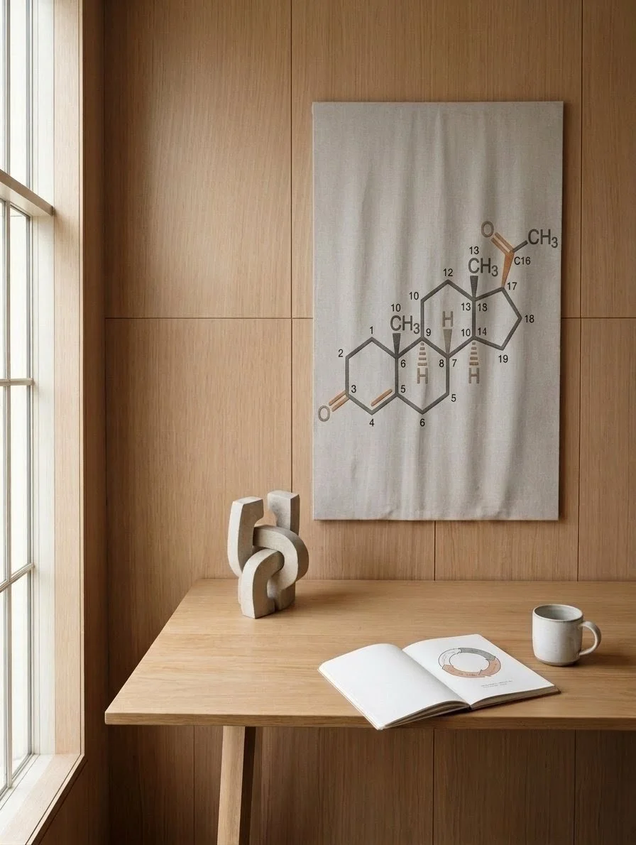 A wooden corner desk with an open book, a coffee mug, and a decorative sculpture of interlocking geometric shapes. A large artwork on the wall features a stylized chemical structure diagram.