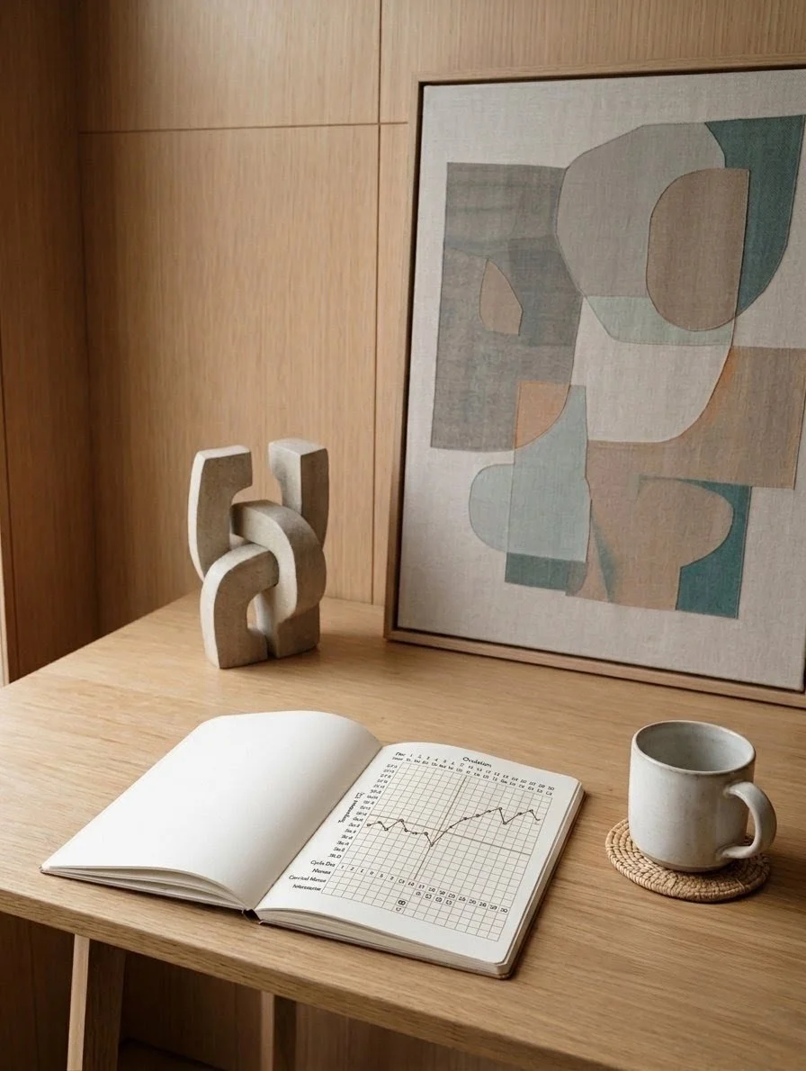 A wooden desk with an open notebook displaying a line graph, a ceramic mug on a coaster, a framed abstract art piece, and a modern decorative sculpture against a wood-paneled wall.