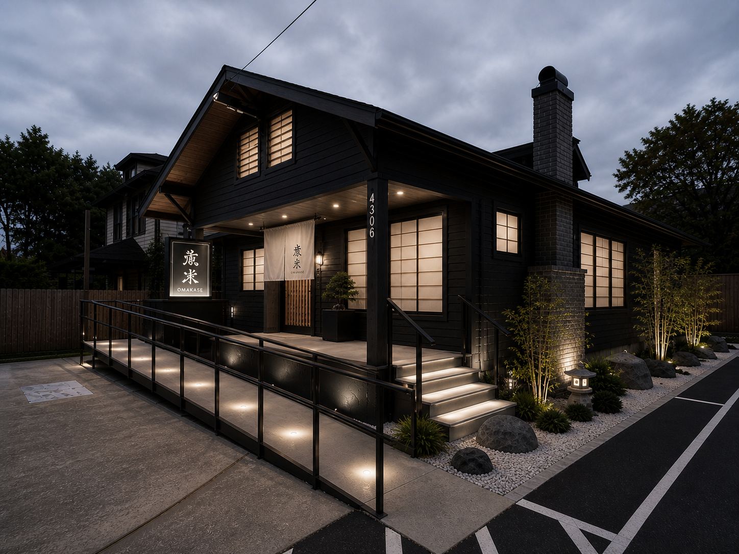 A modern black Japanese restaurant with an entrance ramp and stairs, illuminated at dusk, with plants, rocks, and traditional lanterns outside.