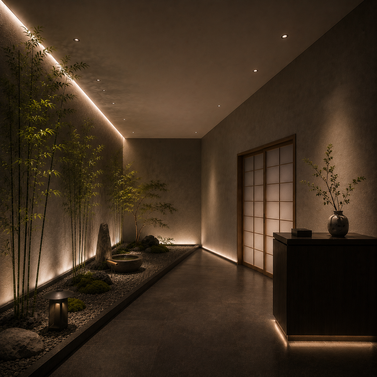 Minimalist Japanese-inspired interior with indoor garden, bamboo plants, and traditional shoji sliding door