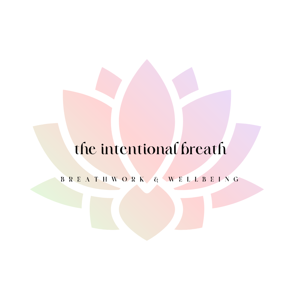 A soft pastel-colored lotus flower with the text 'the intentional breath' and 'breathwork & wellbeing' centered on it.