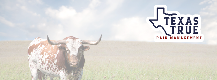 A cow standing in a grassy field under a partly cloudy sky, with a Texas-shaped logo in the upper right corner that reads "TEXAS TRUE PAIN MANAGEMENT."