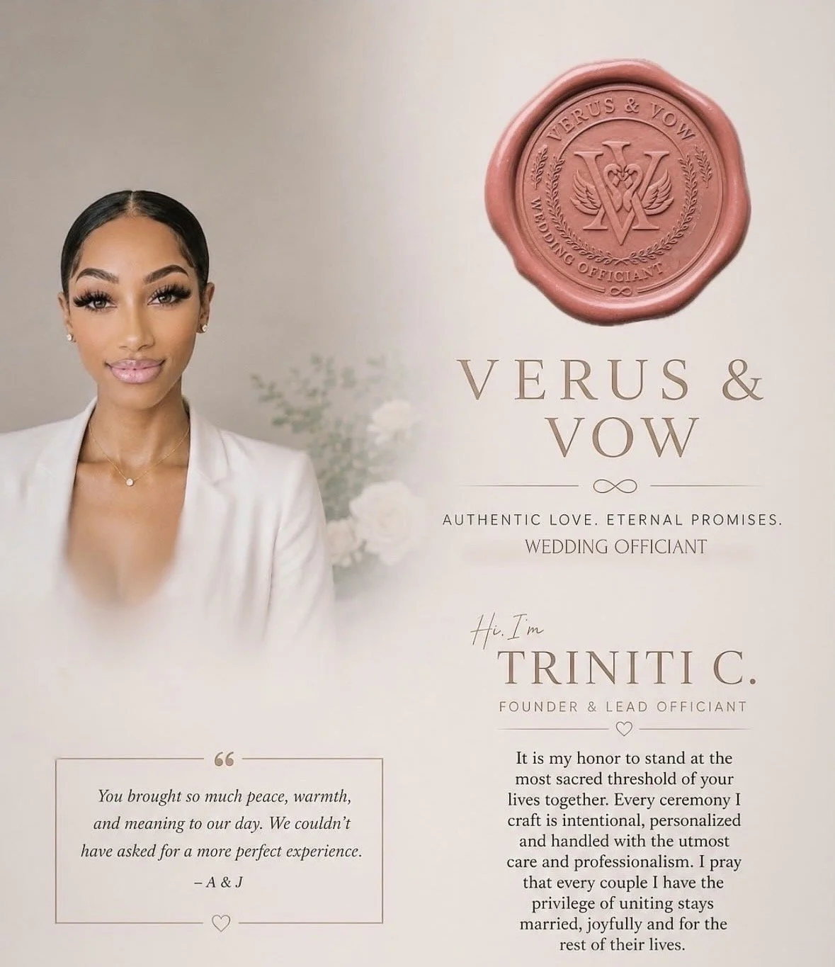 Triniti Corbin, CEO, founder and luxury wedding officiant of Verus & Vow, LLC